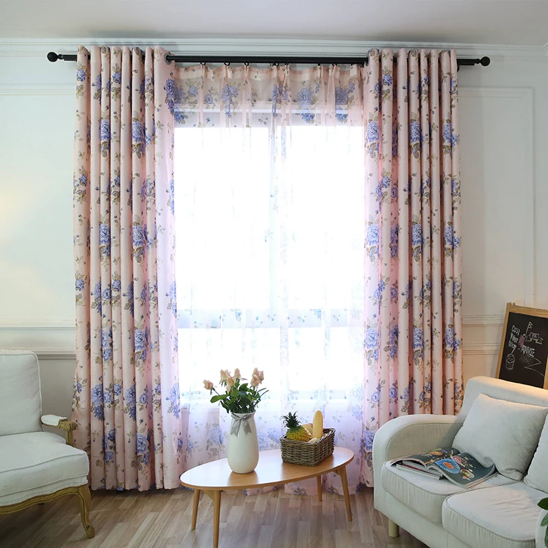 Занавески в пасторальном стиле с розовыми цветами для гостиной голубые