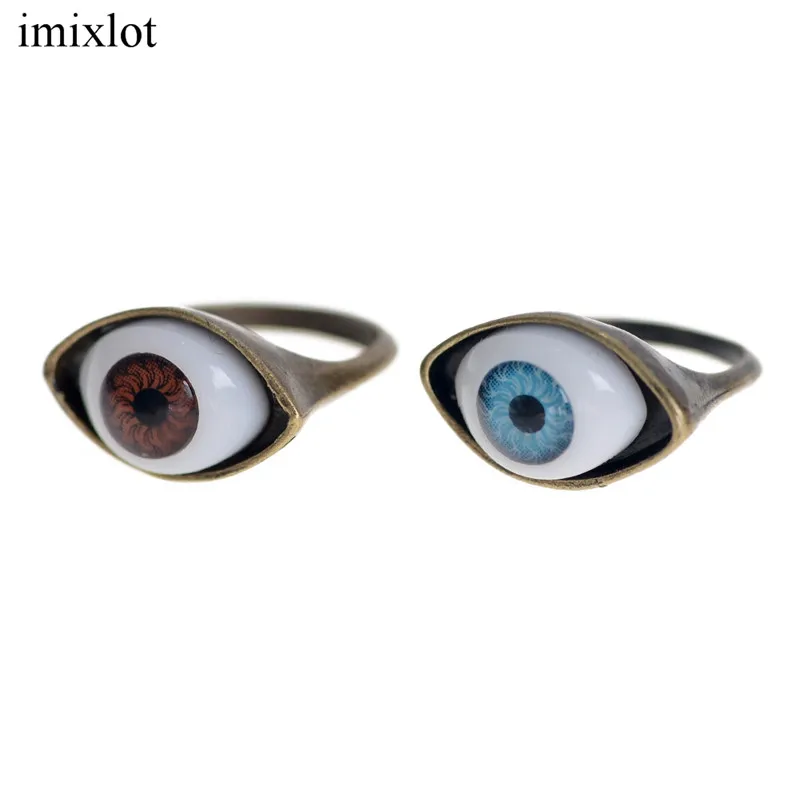 

imixlot 2PCS/Set Punk Brown And Blue Eyeball Rings For Men Women Unisex Evil Eye Vintage Halloween Jewelry