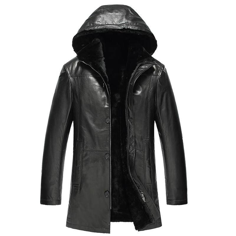 Для Мужчин's Shearling Jacket Черный X-длинное пальто натуральная кожаная куртка с