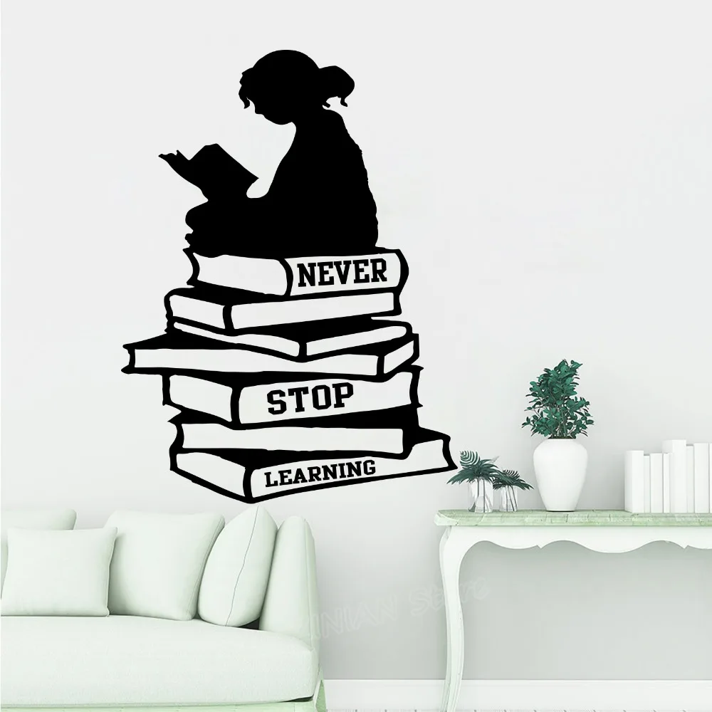 Большая девушка книги для чтения никогда не переставать обучение Цитата настенные наклейки для библиотеки школьная книга великолепное предложение настенные стикеры образование искусство