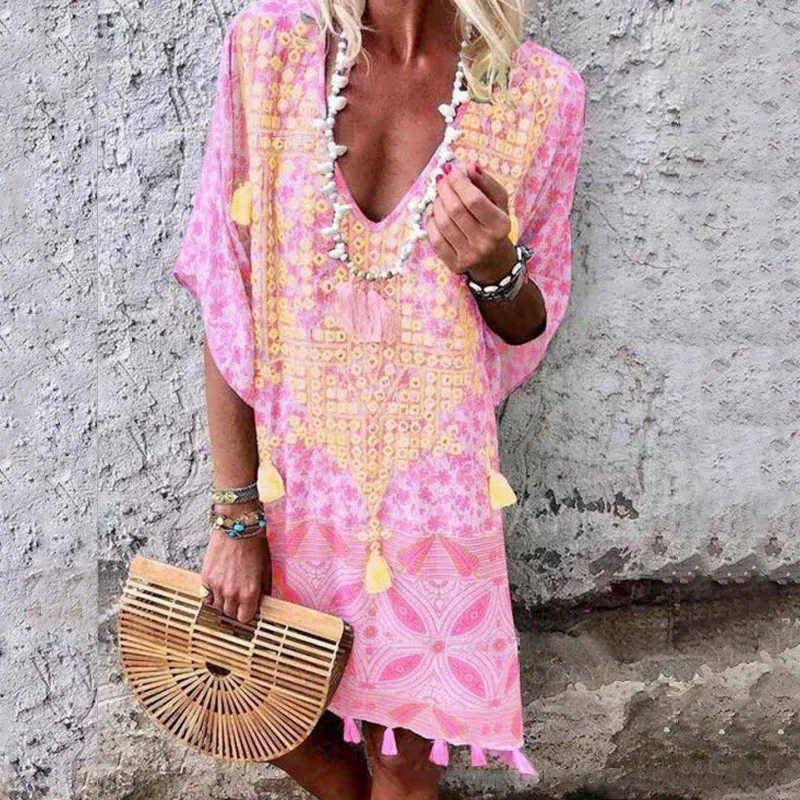 Винтажное богемное платье летнее пляжное макси-платье из полиэстера с v-образным