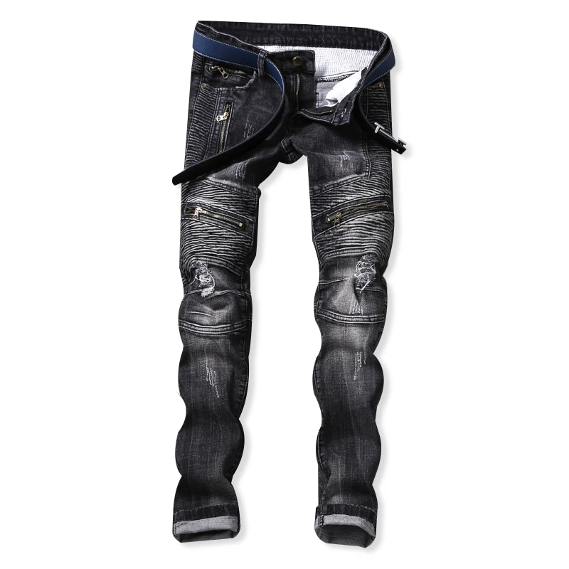 Мужская Молнии Джинсы Мужчин Тонкий Прямой Темно-Длинные Дизайнер Брюки Ночные