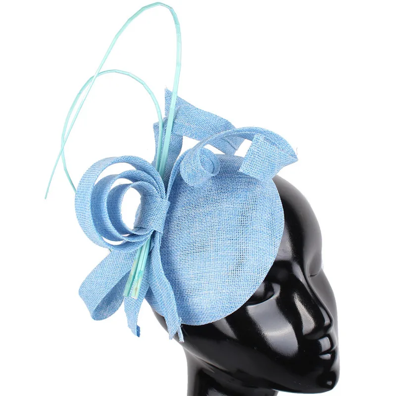 light blue Fascinators navy Blue Hat Women Large Brim Flowers Linen Royal Wedding Fedoras Ladies Sinamay Hats Kentucky Derby Party Fedora - Цвет: light blue