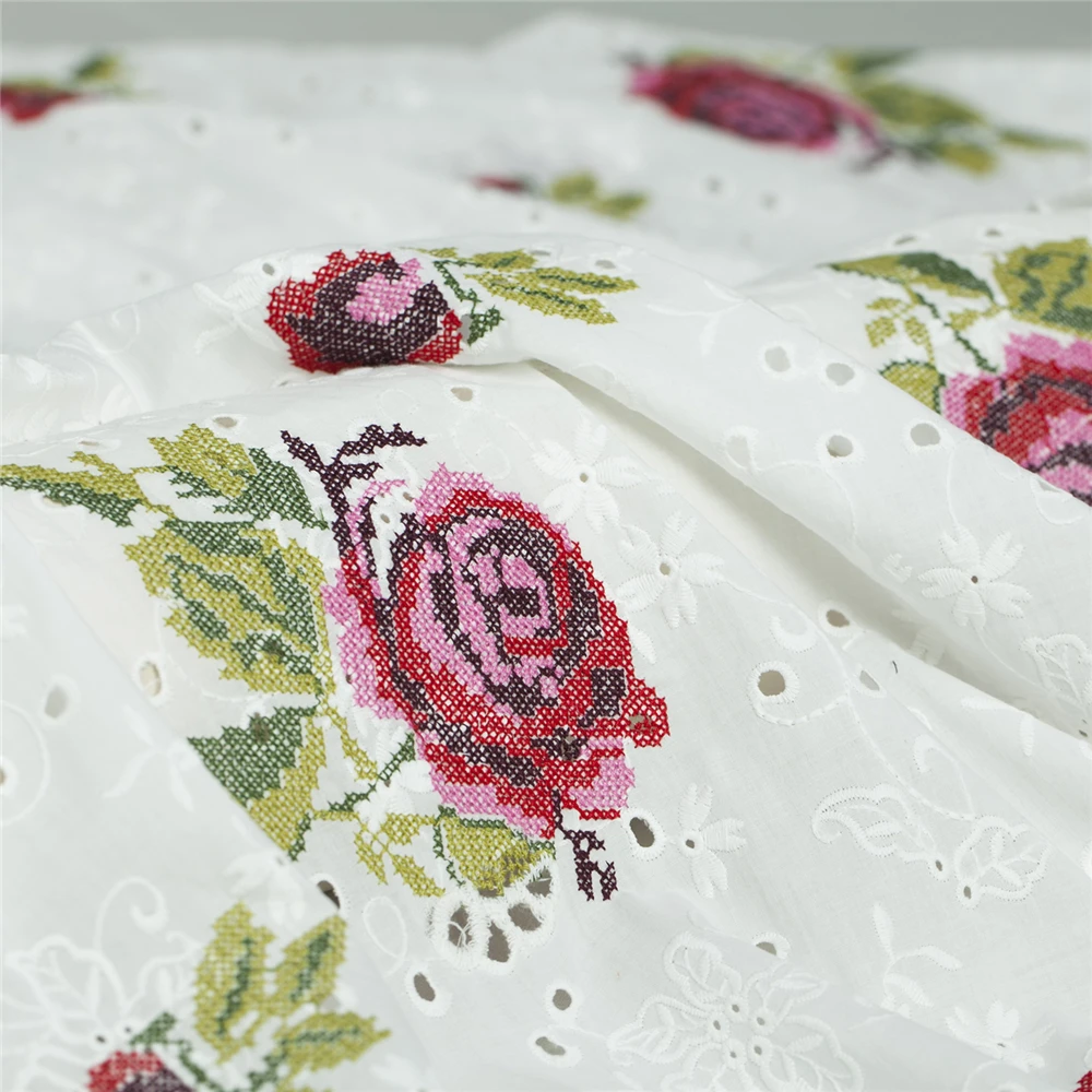 Ткань из чистого хлопка с двойной вышивкой в виде Розы белого и темно-синего