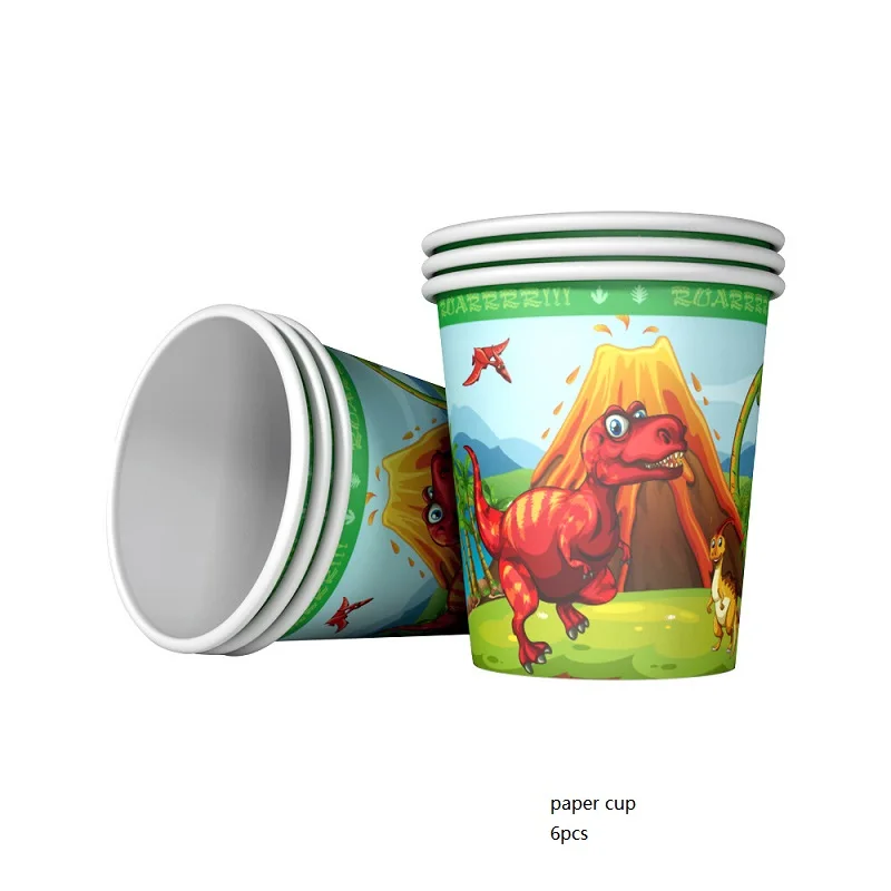 6pcs paper cups 6 шт. в наборе, чашки с динозаврами, тарелки, скатерти, шляпы, флаги, салфетки, столовые приборы для детей, вечерние украшения с днем рождения - Цвет: 6pcs paper cups