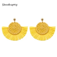 strathspey raffia tassel earrings for women bohemia straw drop earring geometric wicker big earing fashion jewelry