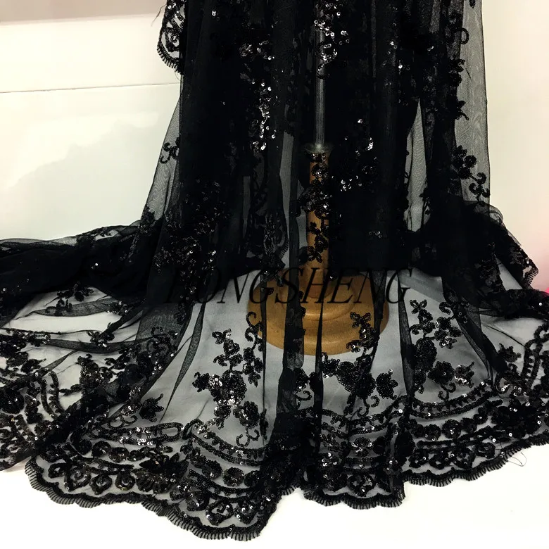 Сетчатая вышитая кружевная ткань с блестками Чонсам черного и серебряного цвета