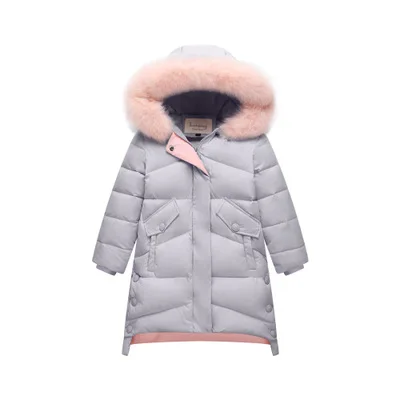grey with pink fur Пуховик для девочек; зимняя детская парка; куртки; коллекция года; теплые пальто для девочек-подростков; Верхняя одежда с меховым воротником и капюшоном для девочек; RT208 - Цвет: grey with pink fur