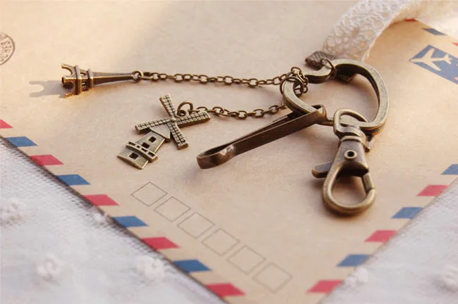 6 шт./лот Винтаж Металл брелок бронзовая башня/Ножницы/шить машина Дизайн брелки