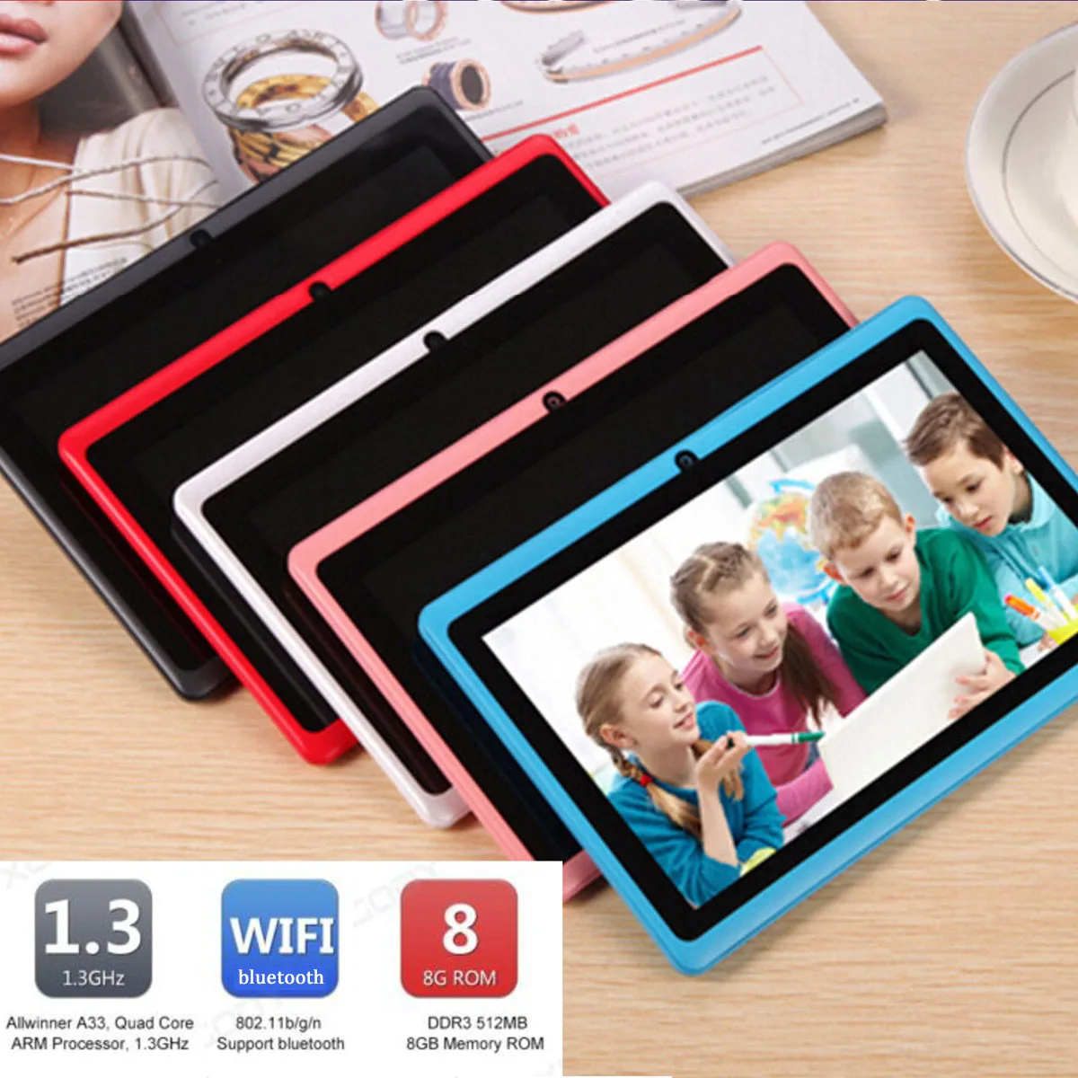 7 дюймов 4 ядра компьютер 8 ГБ 512 М Tablet PC, четыре ядра, Android Системы 4.4.2 HD интеллигентая(ый) с европейской вилкой MP4 планшет Wi-Fi