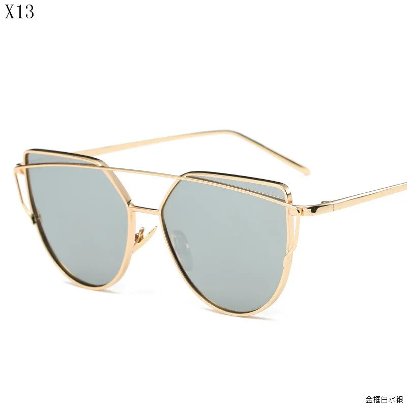 New Cat Eye Sunglasses Women Brand Designer Fashion Twin-Beams Rose Gold Mirror Cateye Sun Glasses For Female - Цвет линз: 13