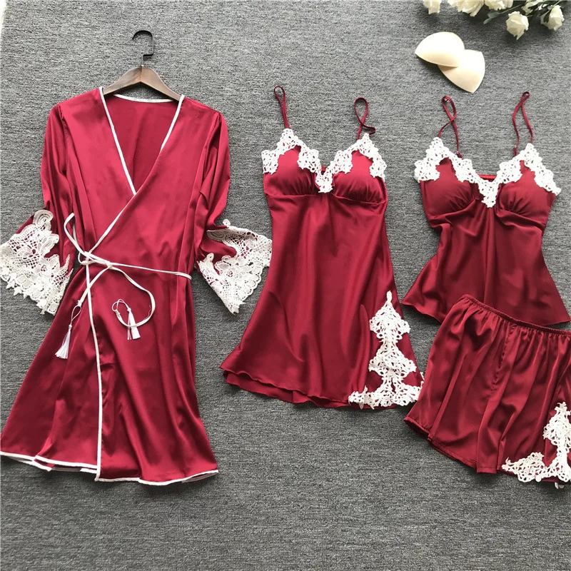 Новинка лета, 4 шт, сексуальные кружевные женские пижамы на бретельках, ночная рубашка