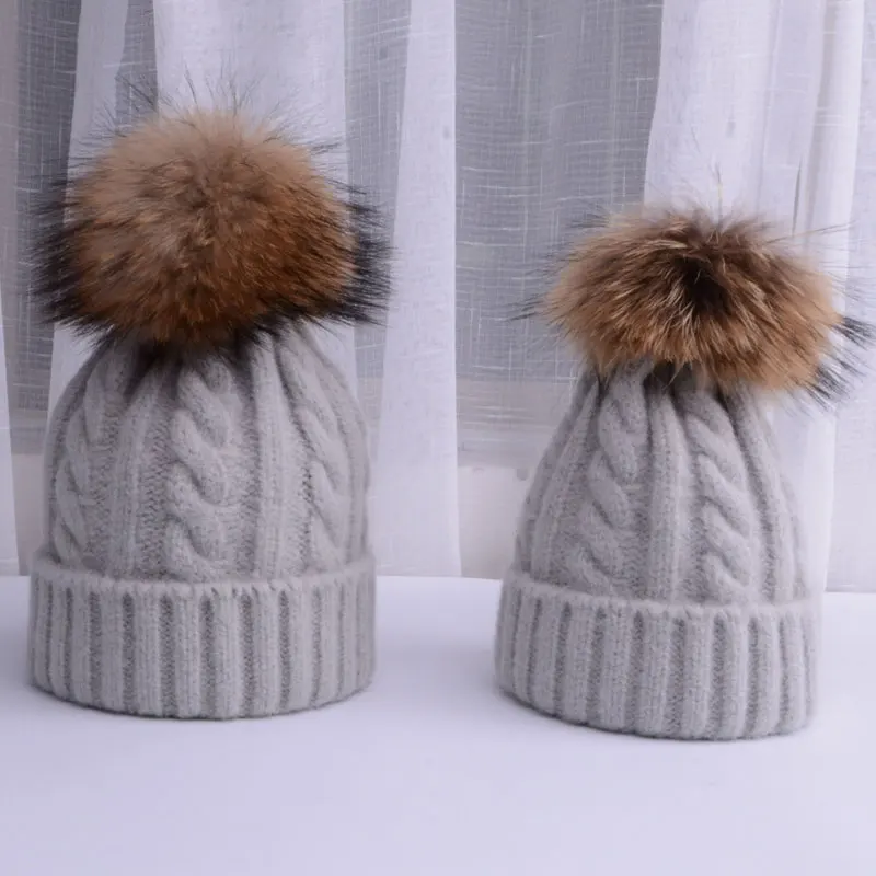 Зимняя шапка Skullies шапочки Шапки зимние шапочки для Для женщин для мамы и для маленьких мальчиков девочек Детское хлопковое вечернее платье в горошек, 15F шляпа помпонами шляпа 2 шт - Цвет: grey mother kids