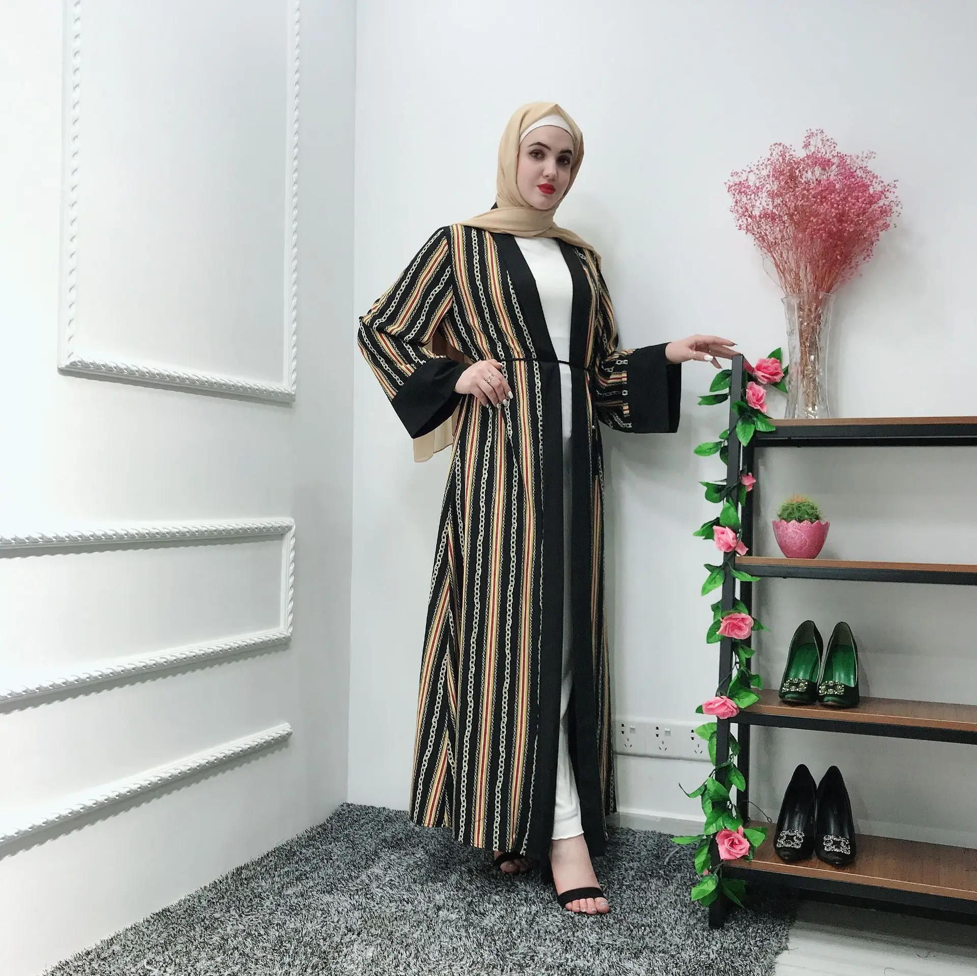 Абая кимоно кафтан полосатый халат Femme Дубай мусульманский кардиган хиджаб