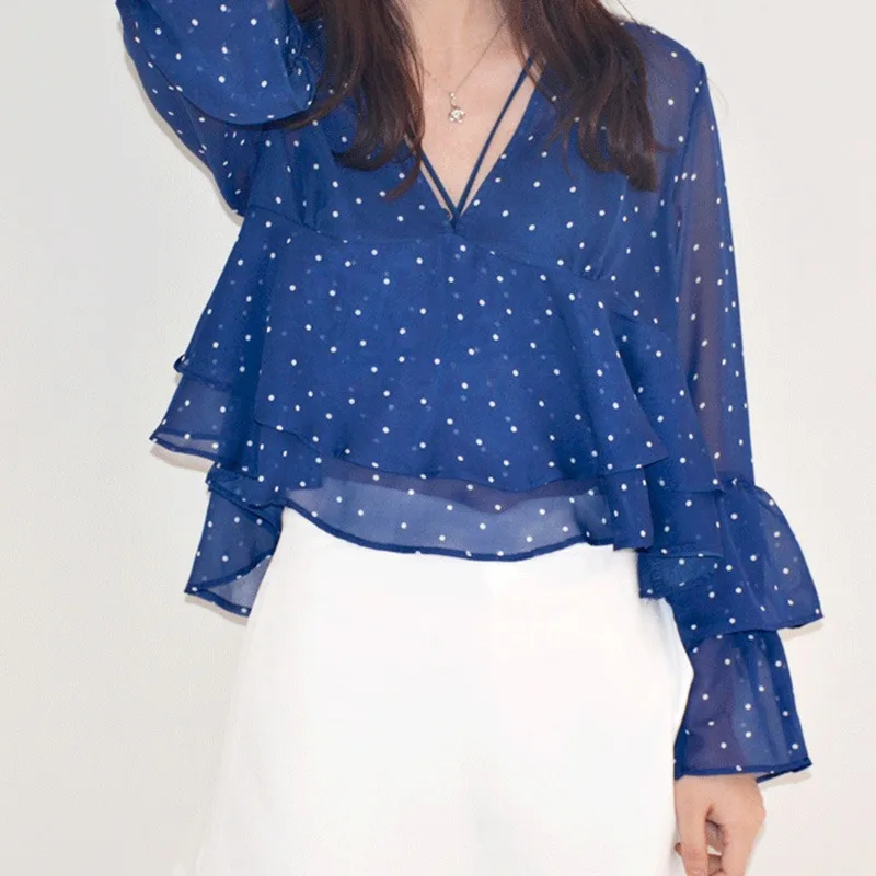 

Women Long Sleeve Chiffon Blouse Dot Print V-Neck Shirt Top Female Casual Ruffles Blouse