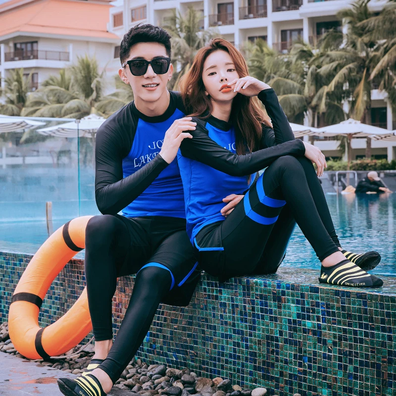 Rashguard для мужчин и женщин 3 шт. рубашка с длинными рукавами шорты брюки синие купальники для пар серфинг для купания Костюмы Рашгард гидрокостюм