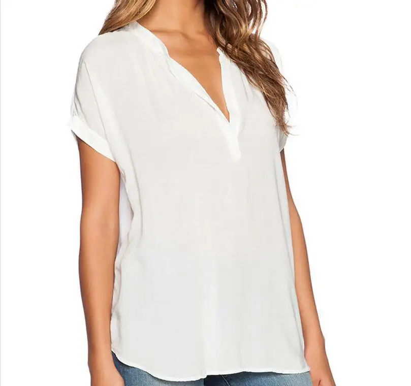 Блузка женская свободная пикантная прозрачная шифоновая рубашка с V-образным