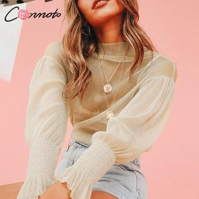 Conmoto Блузки сетки топы водолазки женские прозрачные футболки блузки с блёстками