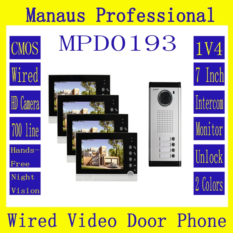 

Hot Selling Smart Home 1V4 Intercom System One to Four Video Doorbell 7 Inch Display 6 IR Lamps Cable Visible Interphone D193b