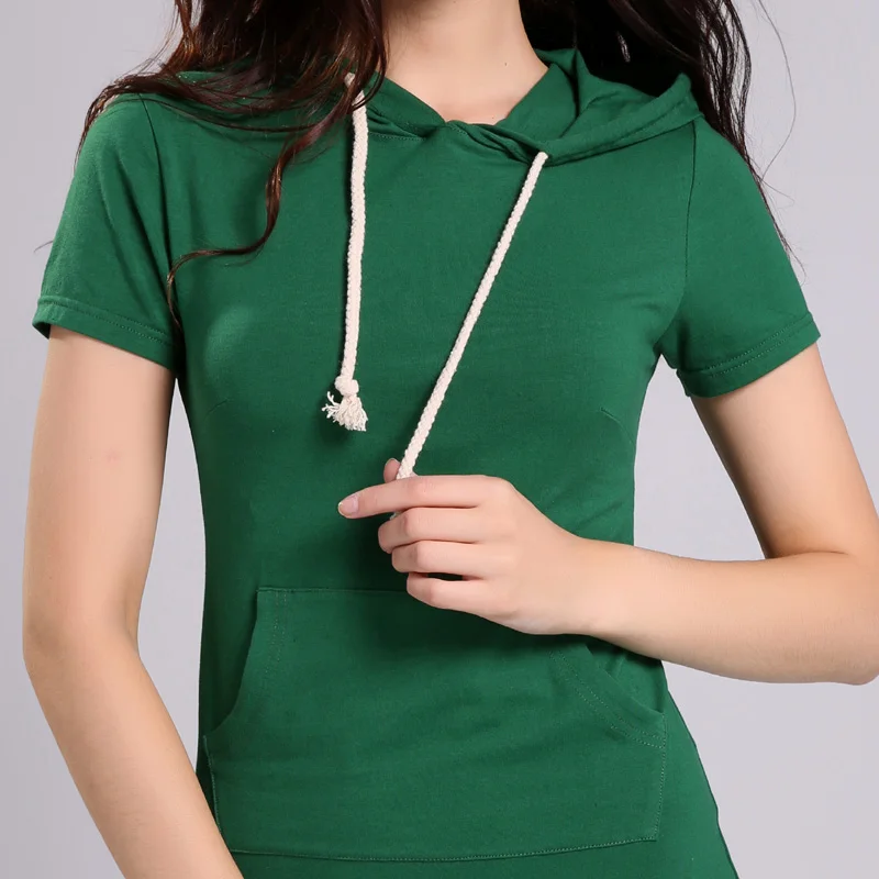 2016 New Casual Women Green Hooded Dress Active Short Sleeve Summer Hoodie Sheath Slim Custom Clothes 1162 | Женская одежда
