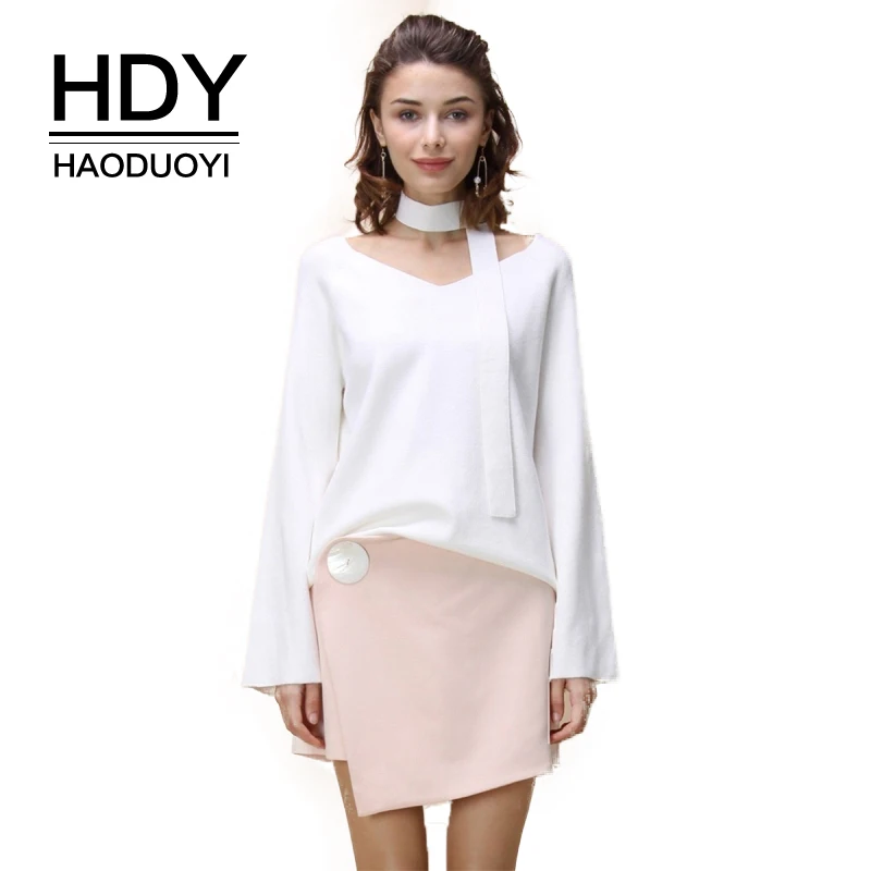 HDY Haoduoyi Brand 2020 Women Sexy Sweaters V-Neck Flare Sleeve Soft Warm Female Elegant Pullovers Belt Casual Lady Tops | Женская
