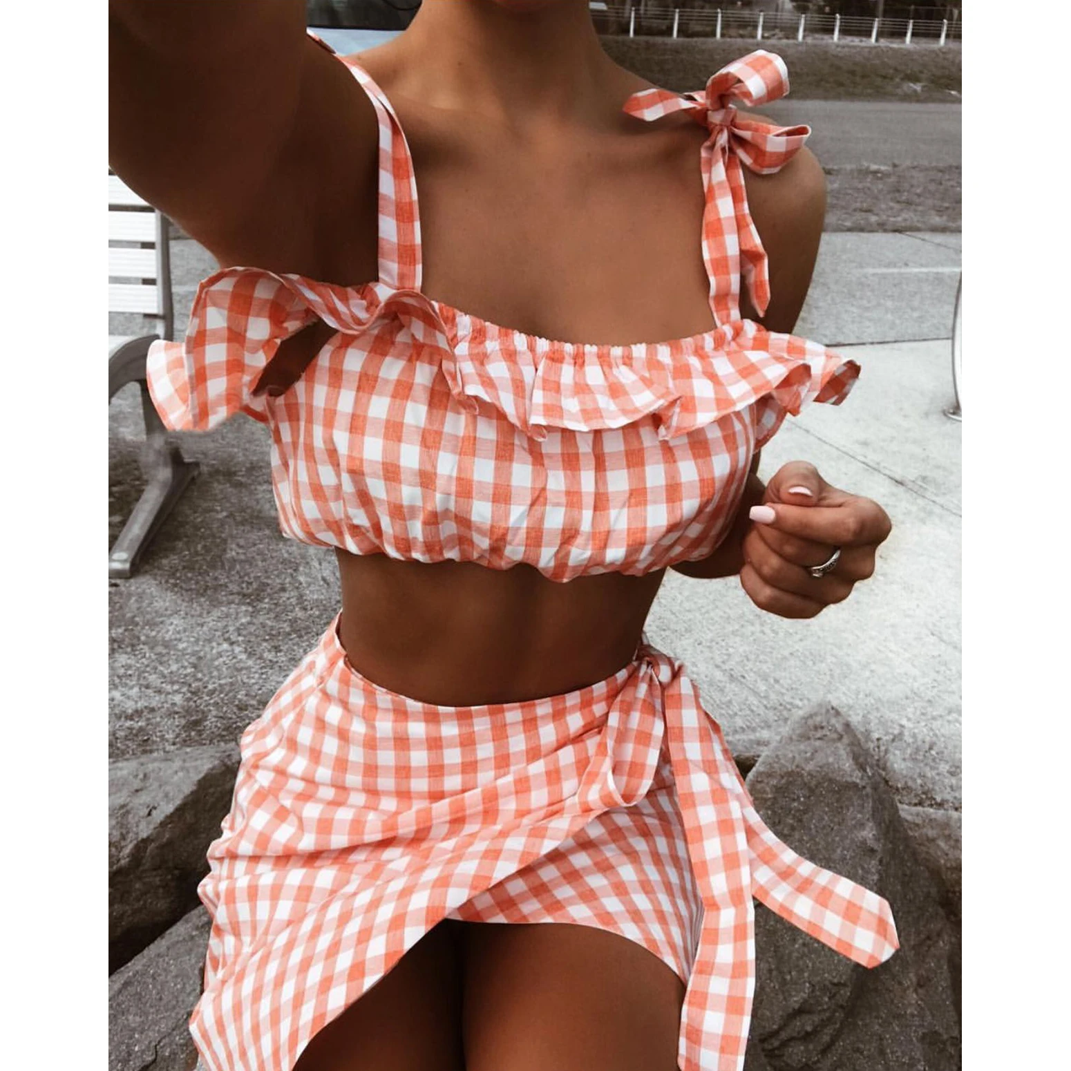 Модный комплект из двух предметов для женщин, Boho, Летний Пляжный клетчатый укороченный топ, вечерние, Короткие мини юбки, повседневный комплект из 2 предметов