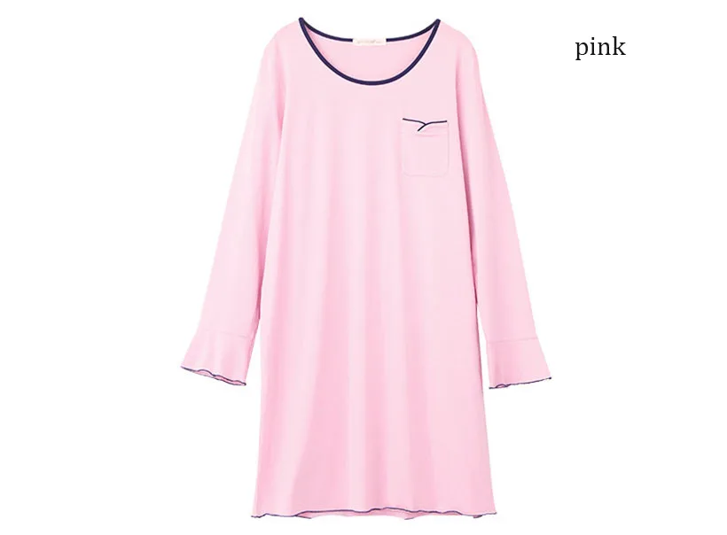 pink Осеннее Ночное платье для женщин, однотонный пеньюар с длинными рукавами, пижамы для женщин, удобная ночная рубашка, Женская хлопковая одежда для сна - Цвет: pink