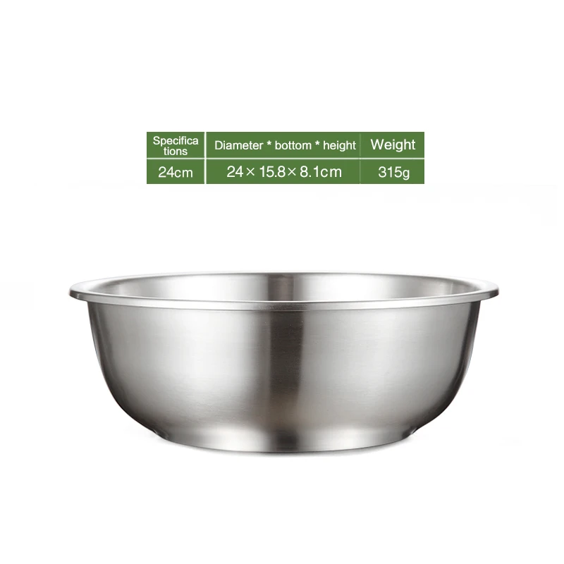 24cm LANSKYWARE китайский 304 салатник из нержавеющей стали еда фруктовая миска для овощей большой бассейн для разбивания яиц Сковорода/миска для смешивания/разминающий умывальник - Цвет: 24cm