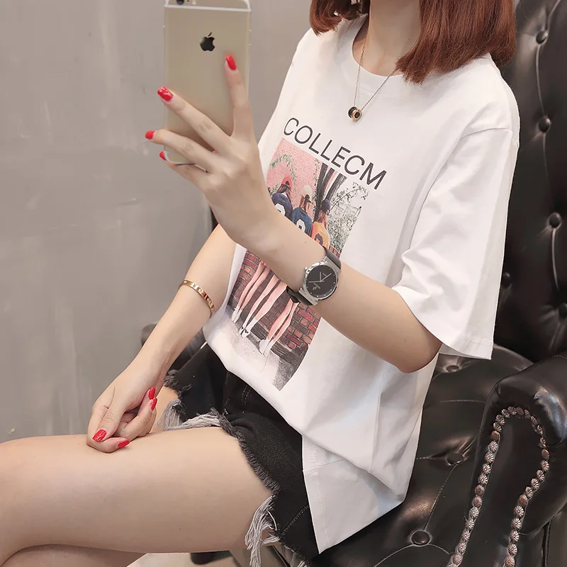 Однотонная футболка с коротким рукавом круглым вырезом и принтом 32 дюйма (4