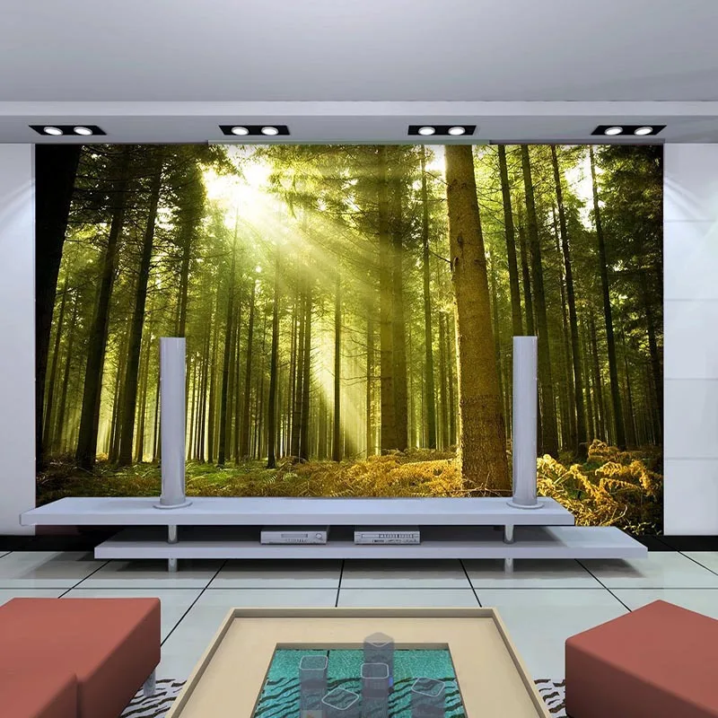 

3D customized wallpaper mural landscape painting with forest trees sunshine behind TV sofa bed as background in living room