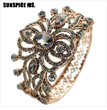 SUNSPICE-MS, винтажные часы с браслетом-манжетой и кристаллами, женские часы, античное золото, кварцевые часы, цифровые, Relogio Feminino, свадебный подарок