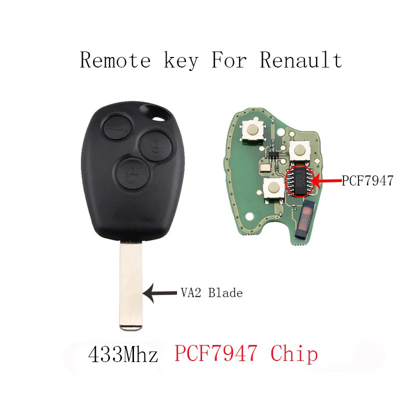 3 кнопки VA2 Балде дистанционного ключа для Renault Clio Scenic Kangoo Megane 433 МГц PCF7946/PCF7947 чип