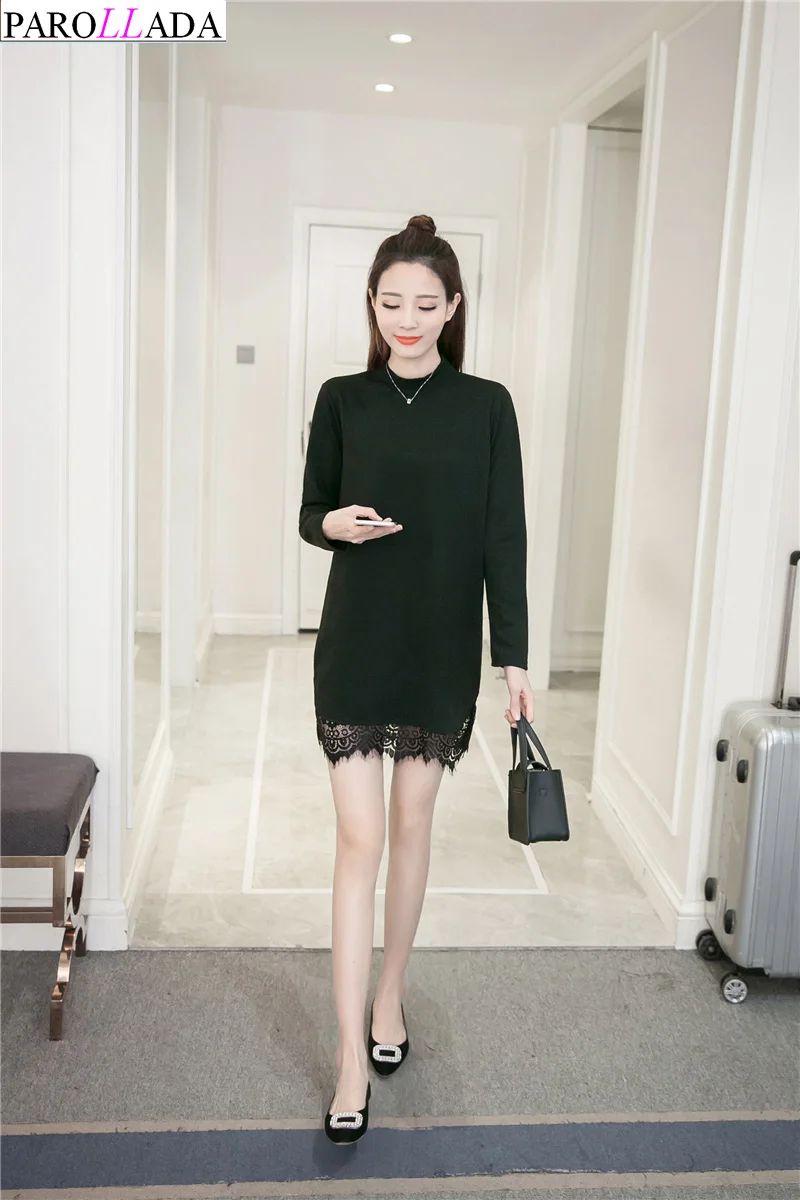 Parollada корейский платье-рубашка с длинными рукавами черного и белого цвета платье