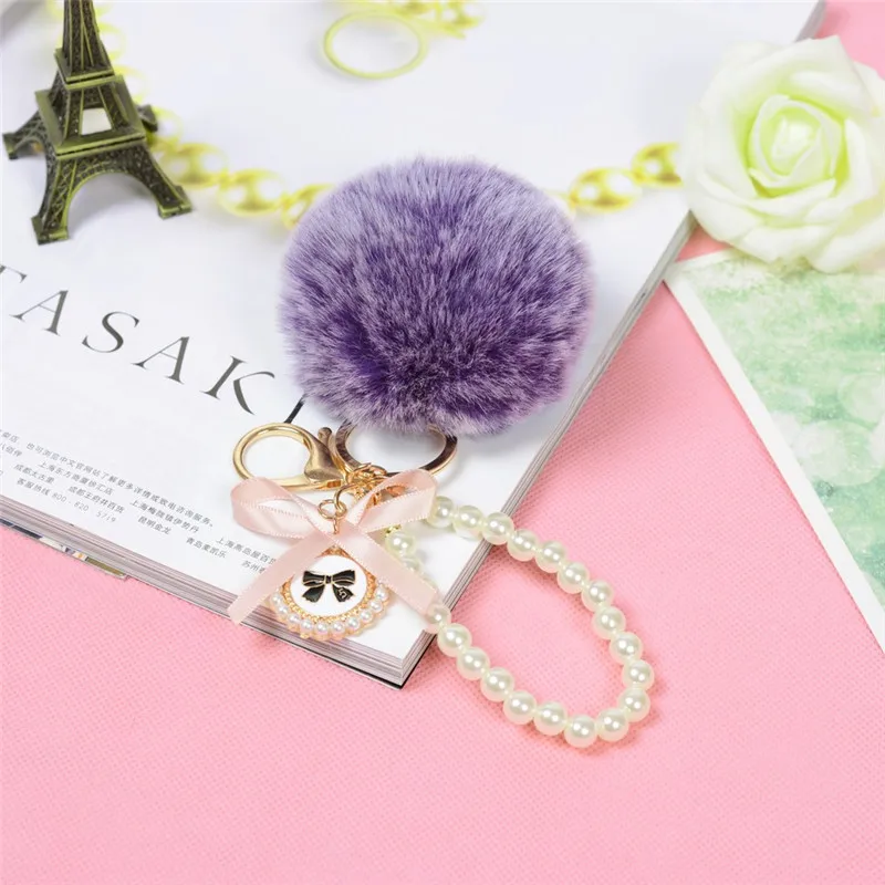 Новые плюшевые искусственный мех кролика мяч брелок для ключей с бусинами и