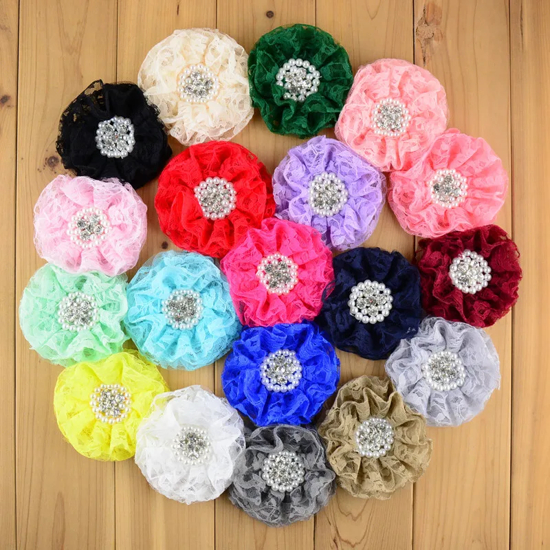 

50 pcs/lot, 3.5" Ballerina Lace Flower with rhinestone and pearl on hair clip