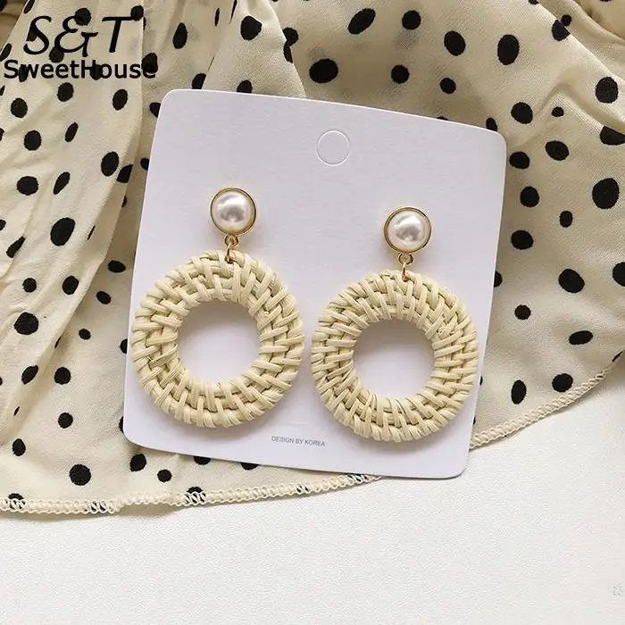 Женские Геометрические серьги-капли из ротанга с жемчугом для вечеринки юбилея