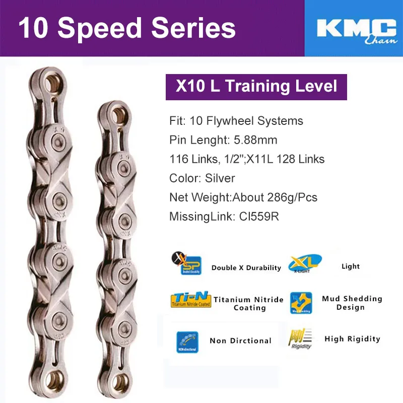 X10L Silver KMC X10L X11L супер светильник велосипедная цепь 10 11 скоростная горная велосипедная цепь для дорожного велосипеда для Shimano/SRAM/Campagnolo 116 1/" /128 звеньев - Цвет: X10L Silver