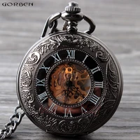 antique hollow mechanical hand wind pocket watches roman numeral white dial men pocket watches fob chain necklace clock with box