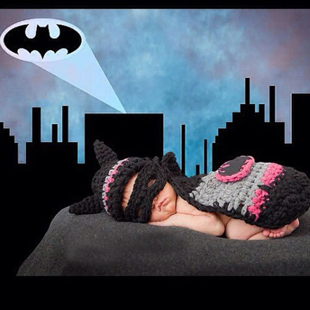 Вязание крючком для новорожденных Batgirl горячий розовый головной убор Бэтмена Набор для детской фотосъемки реквизит комикс, супергерой младенческий костюм на Хэллоуин H273