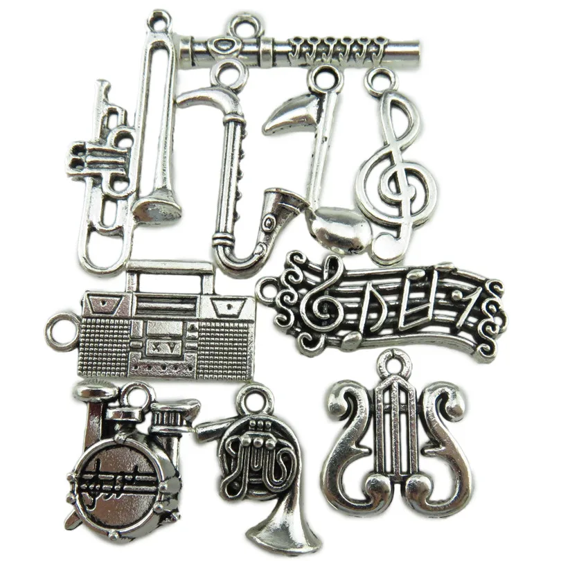 10 шт микс Серебряная музыкальная нота саксофон радио Арфы флейта барабан труба