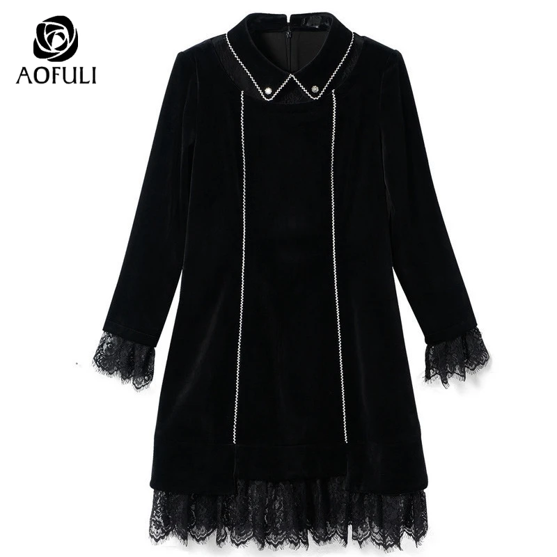 AOFULI M ~ 4XL 5XL Винтаж Хепберн Стиль зима для женщин вельветовое платье жемчужные