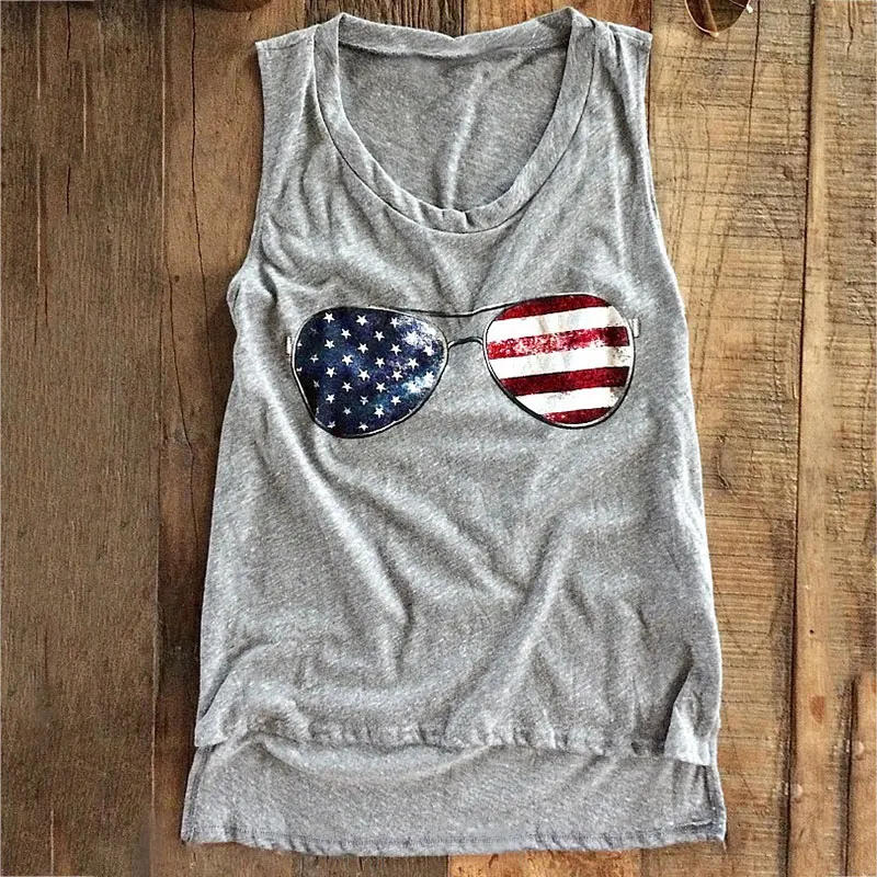 2019 Новые Модные Женские Майки Летом Без Рукавов Американский Флаг Очки Печать