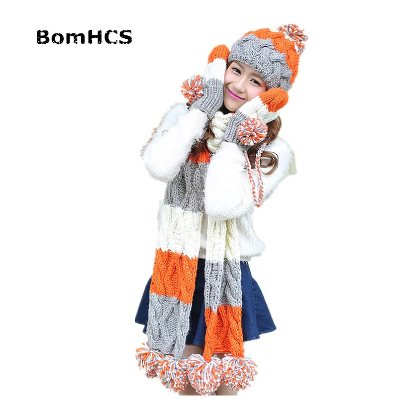 BomHCS/костюм из 3 предметов (шапка + перчатки шарф) 100% ручная работа вязаная женская