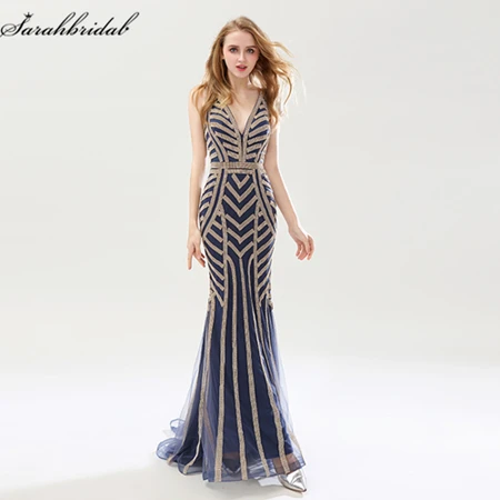 Navy Blue Robe De Soiree новые роскошные стили Элегантное длинное вечернее платье с кристаллами вышитые бисером праздничные платья Формальные реальные фотографии LSX476 - Цвет: Navy Blue