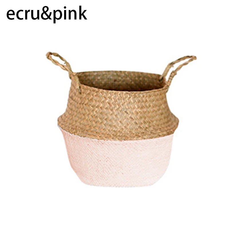 Pink Ручной работы бамбуковая коробка корзины для грязного белья соломенная Лоскутная плетеная ротанговая Seagrass складная корзина садовый цветочный горшок оформление сажальщика - Цвет: Pink