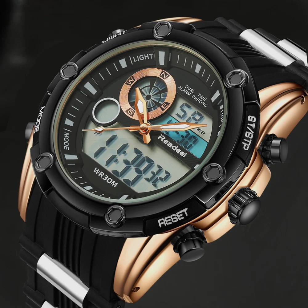 Мужские деловые кварцевые часы Readeel цифровые наручные с резиновым ремешком в
