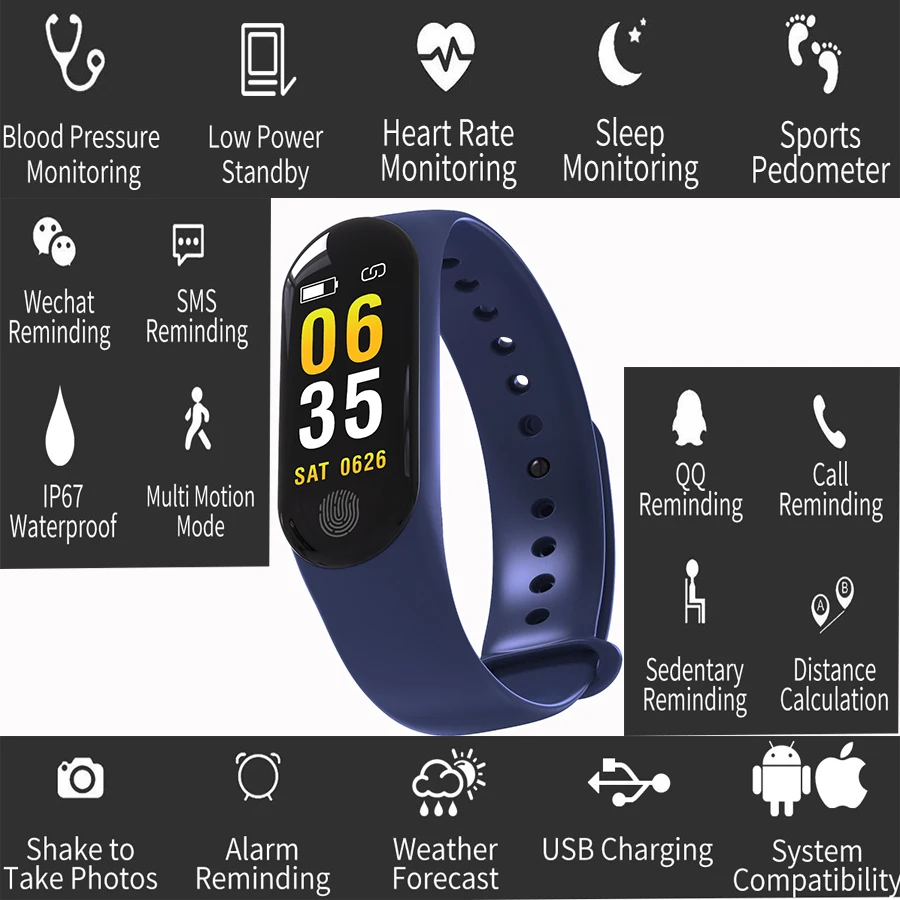 M3 плюс здоровье Интеллектуальный монитор сердечного ритма Смарт часы