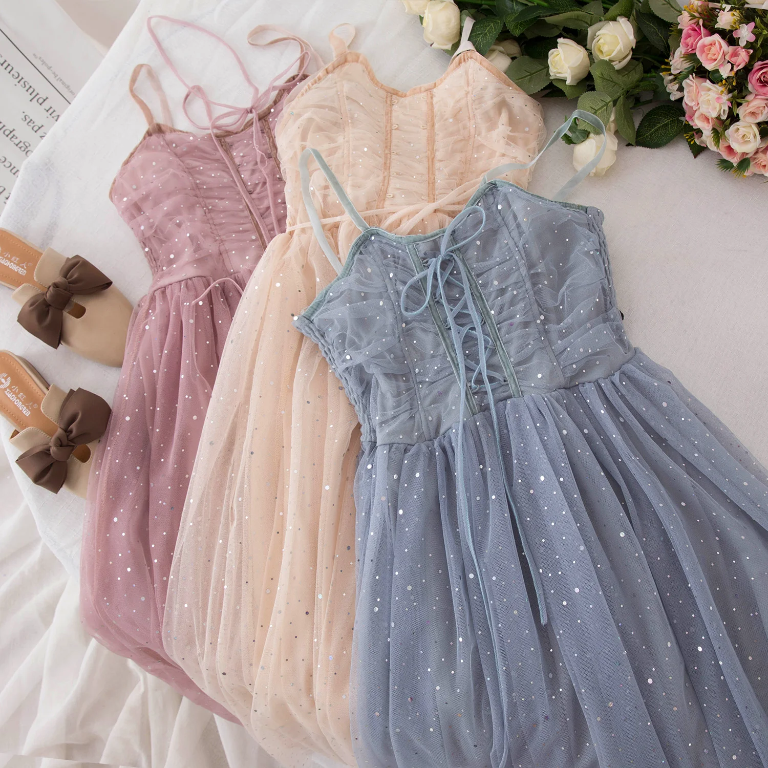 2019 New Women's Sundress Fashion High Quality Summer Female Clothes Thin Strap Bling Sweet Mesh Lace Dresses Pink Black | Женская