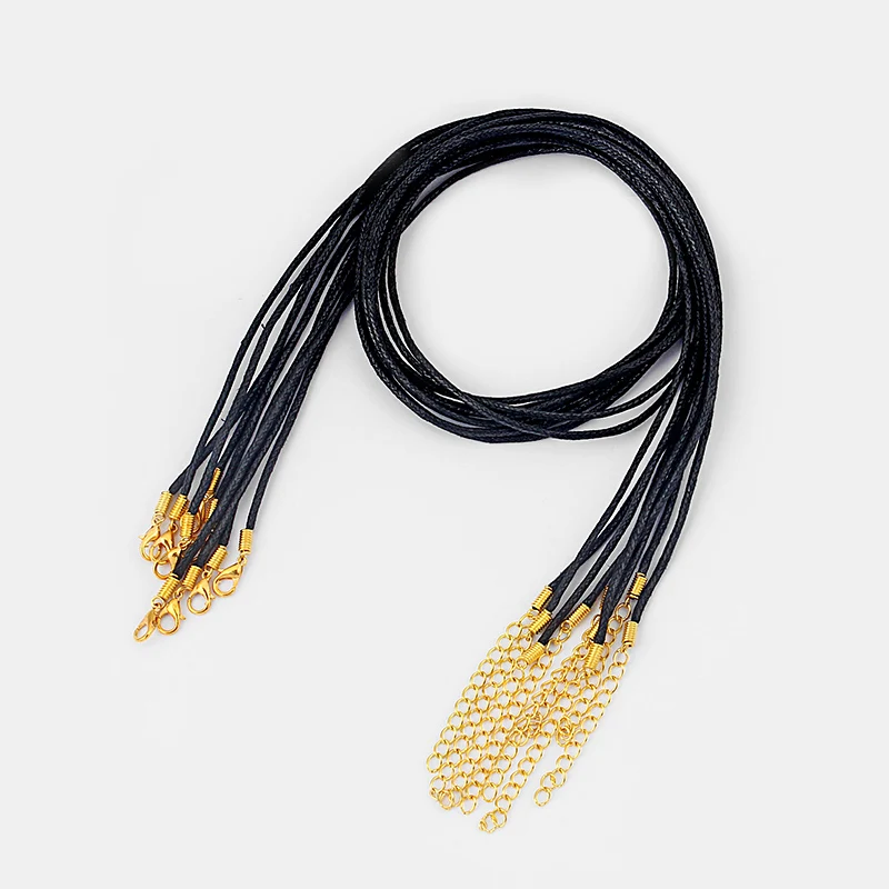 50pcs 2mm Black Korean Wax Cotton Cord End With Gold Color Lobster Clasp Extend Chain Pendant For DIY Jewelry Necklace Making