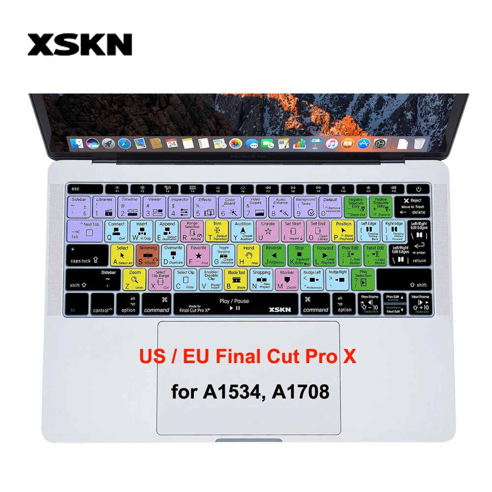 

XSKN Final Cut Pro X 10 Hotkeys Keyboard Cover Skin for New Macbook 13 inch A1708 (Flat Key, No Touch Bar) and for 12 " Macbook